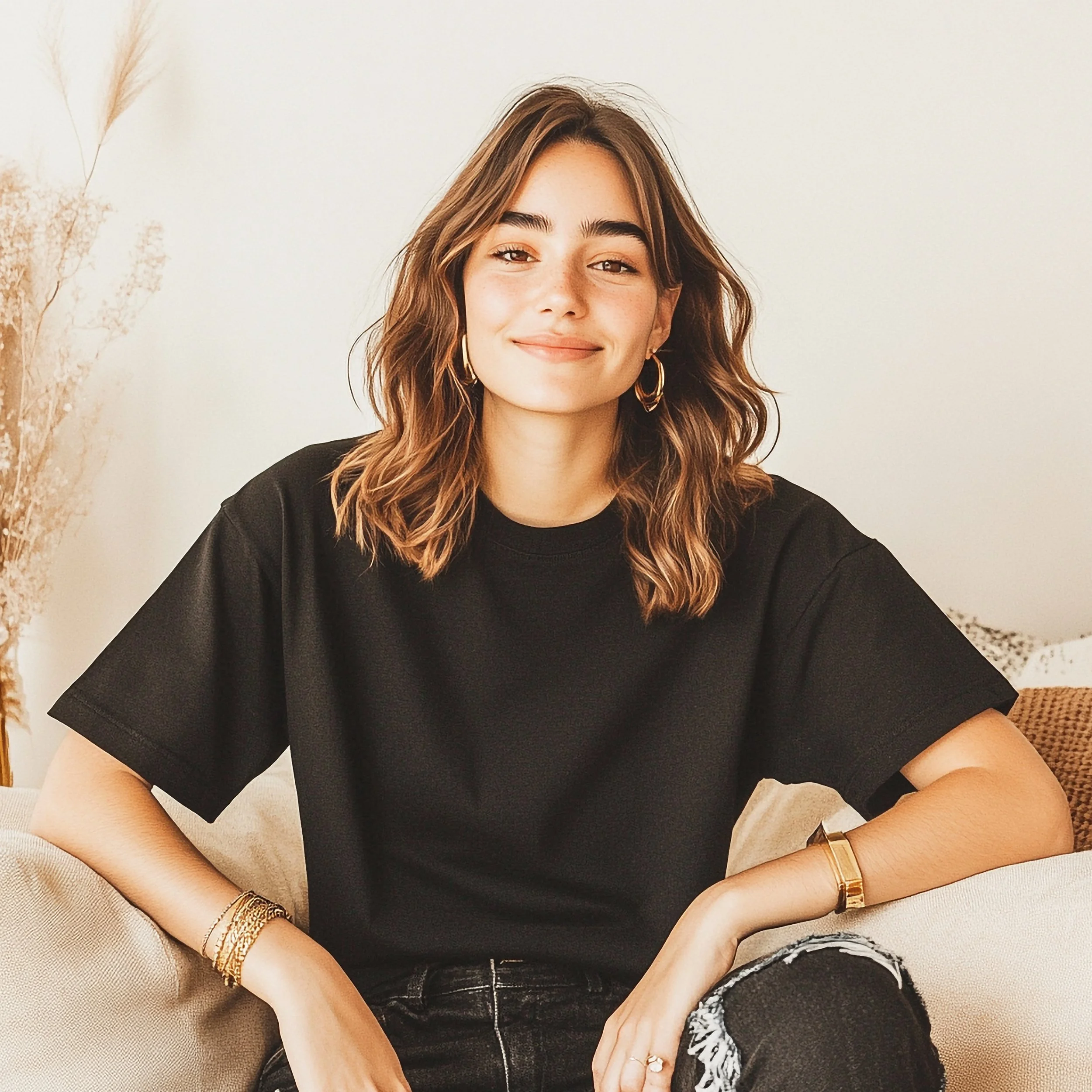 Female model wearing a black Mental Health Made Wearable T-shirt, seated indoors on a beige sofa, showing relaxed fit and everyday wearability.
