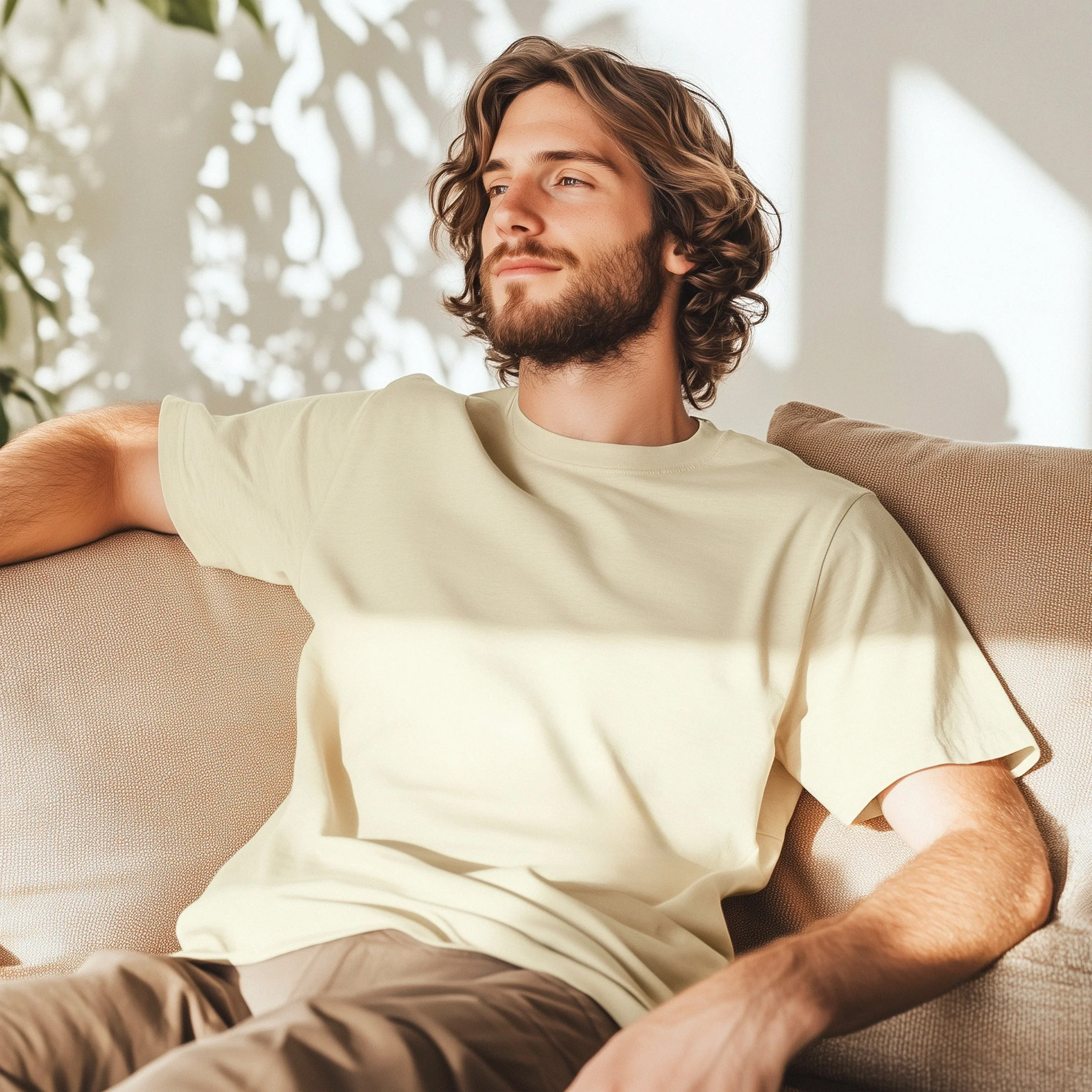 Male model wearing a beige Mental Health Made Wearable T-shirt, seated indoors in natural light, showing relaxed fit and soft drape.
