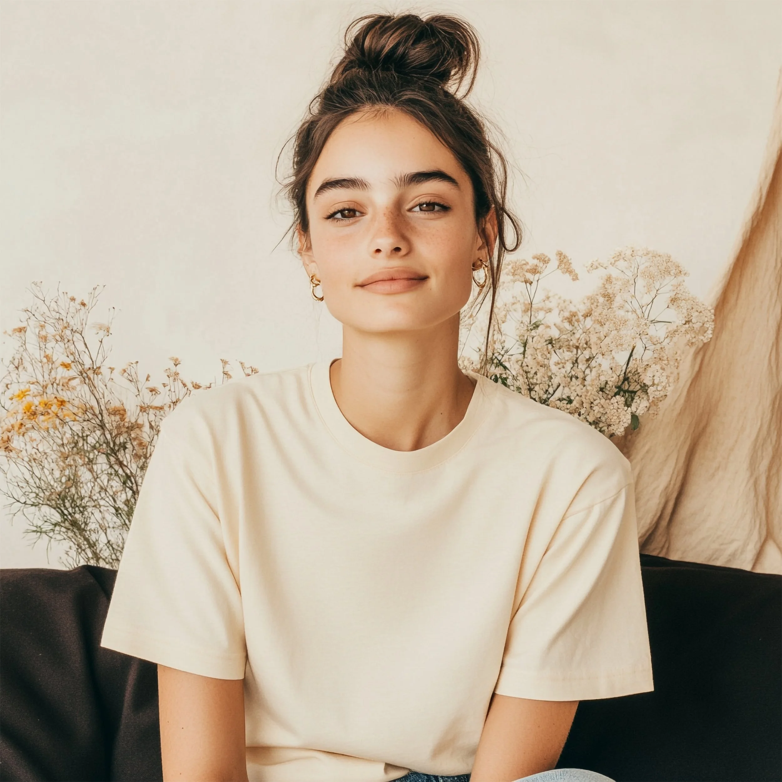 Female model wearing a beige Mental Health Made Wearable T-shirt, seated indoors on a black couch, showing relaxed fit and soft drape.
