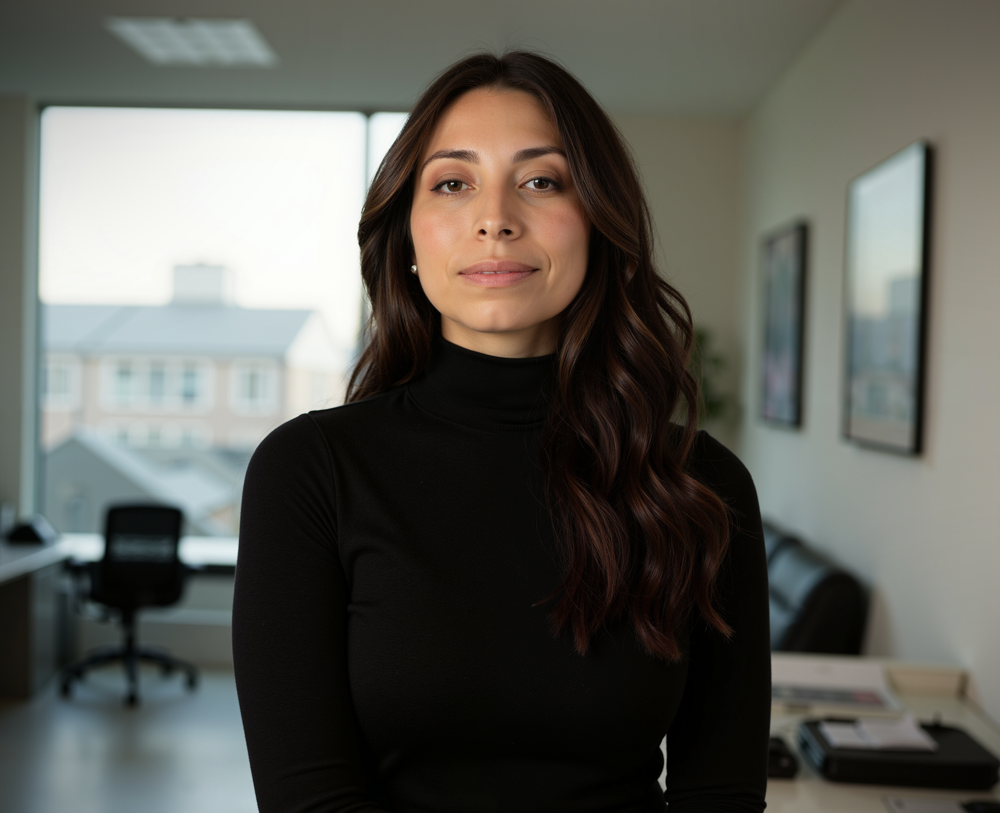 The founder of Mental Health Made Wearable is wearing a black turtleneck in a minimalist office setting.