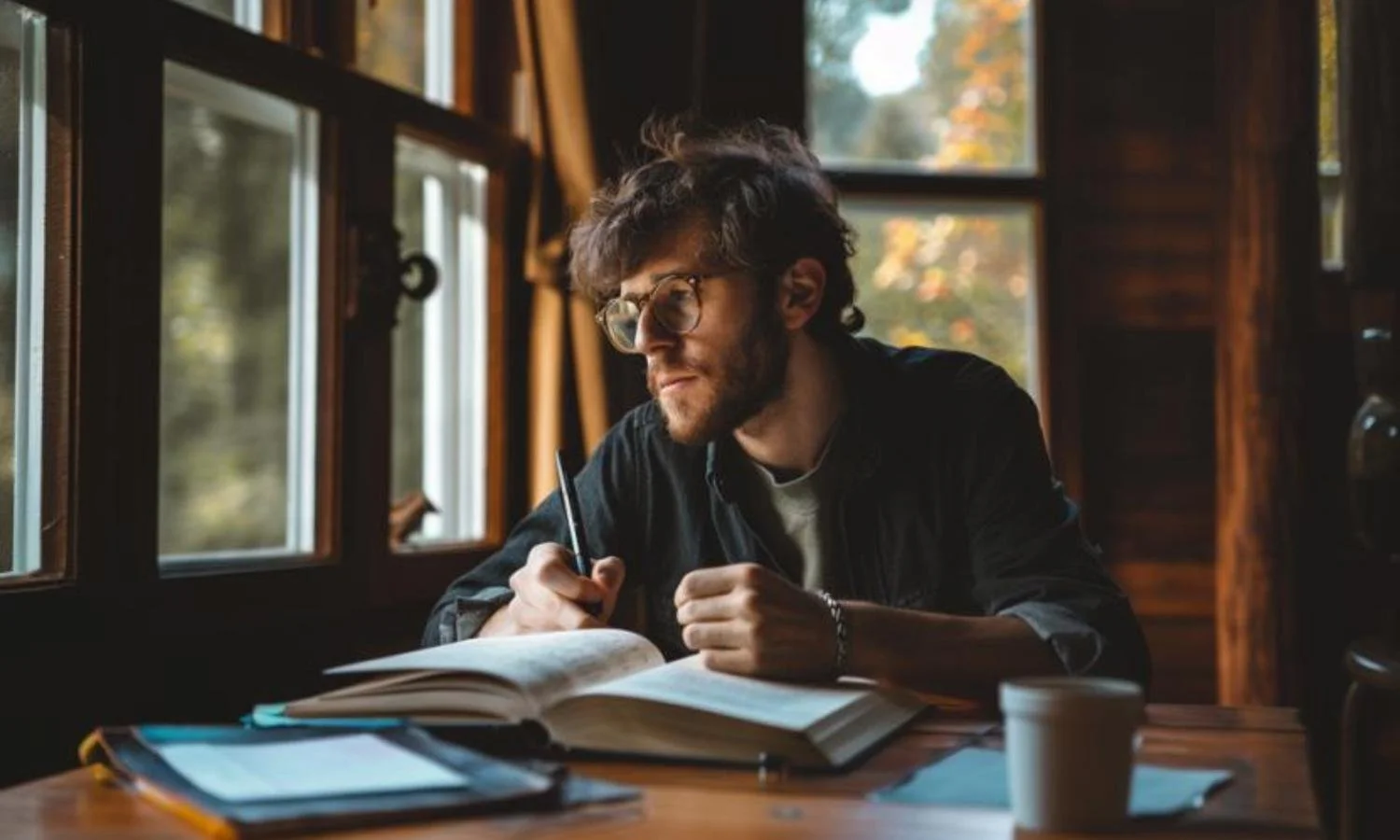 Man writing observations in a notebook beside a window