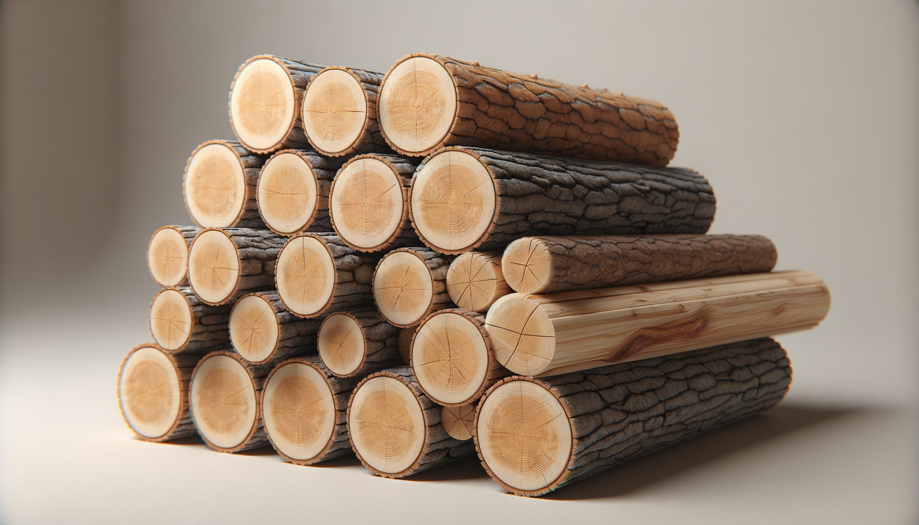 Stack of cut logs with rough bark on the outside and smooth cross-sections on the ends, arranged in a pyramid shape.