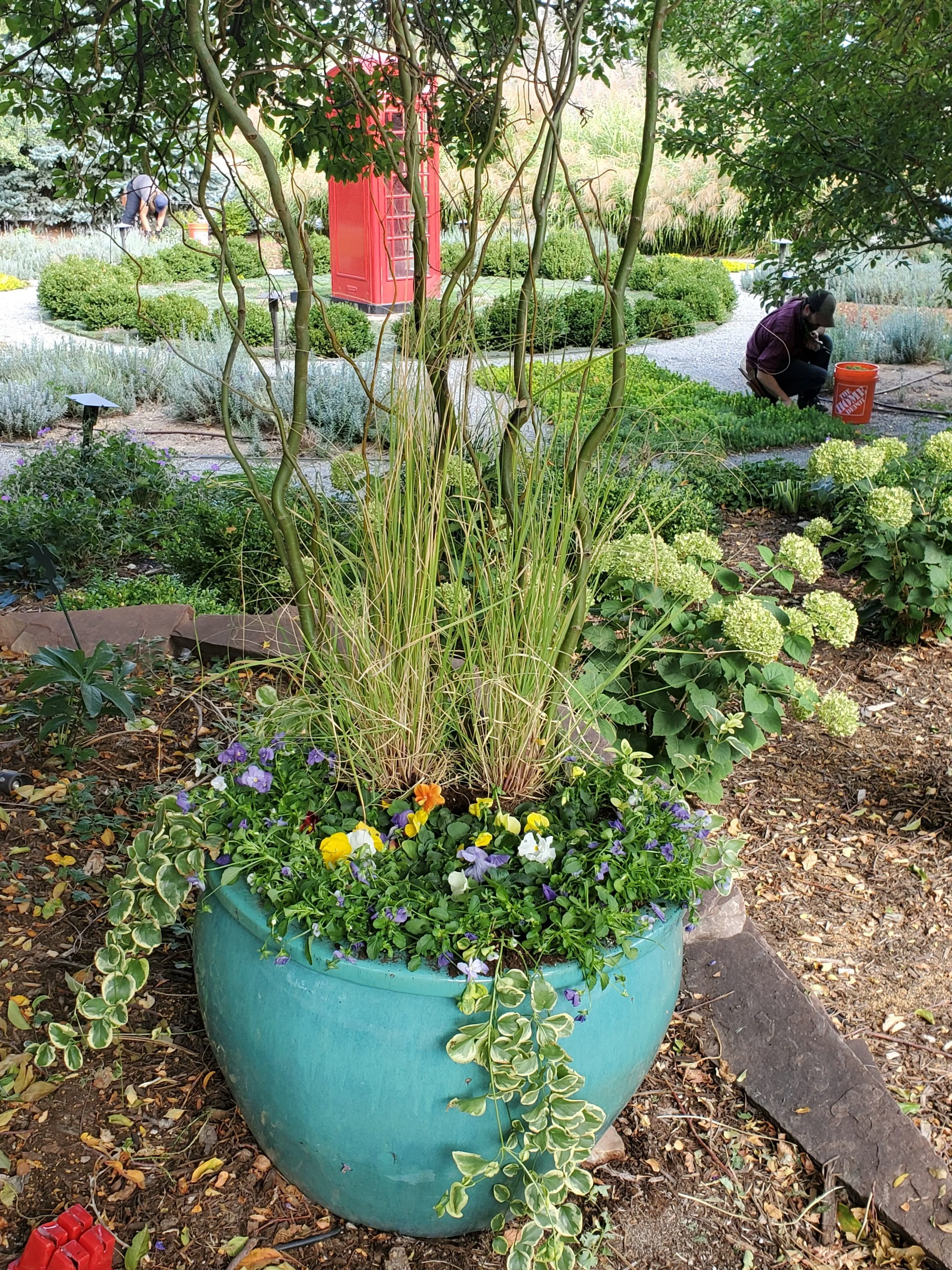 A large turquoise planter filled with tall grass, purple and yellow flowers, and trailing greenery is placed on a garden bed. In the background, there are various bushes, plants, and a red telephone booth. Two people are working in the garden, one on