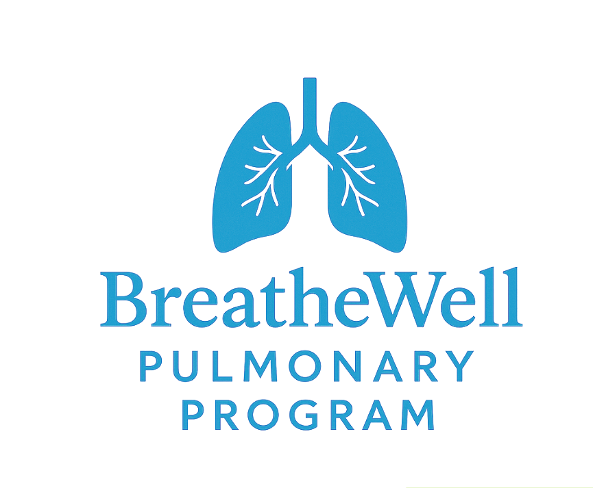Logo for BreatheWell Pulmonary Program featuring blue lungs and lung branches with the text 'BreatheWell Pulmonary Program'