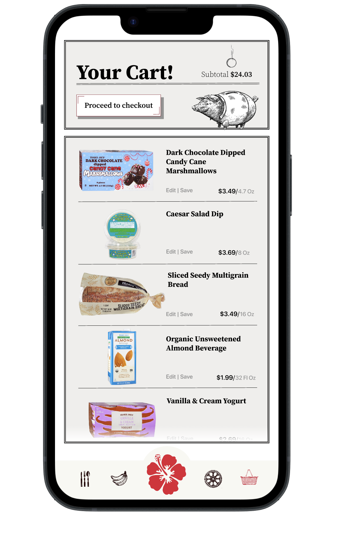 An iPhone screen displaying an online grocery cart with various food items, including dark chocolate dipped candy canes, Caesar salad dip, multigrain bread, unsweetened almond beverage, and vanilla yogurt, with a "Proceed to checkout" button at the top.