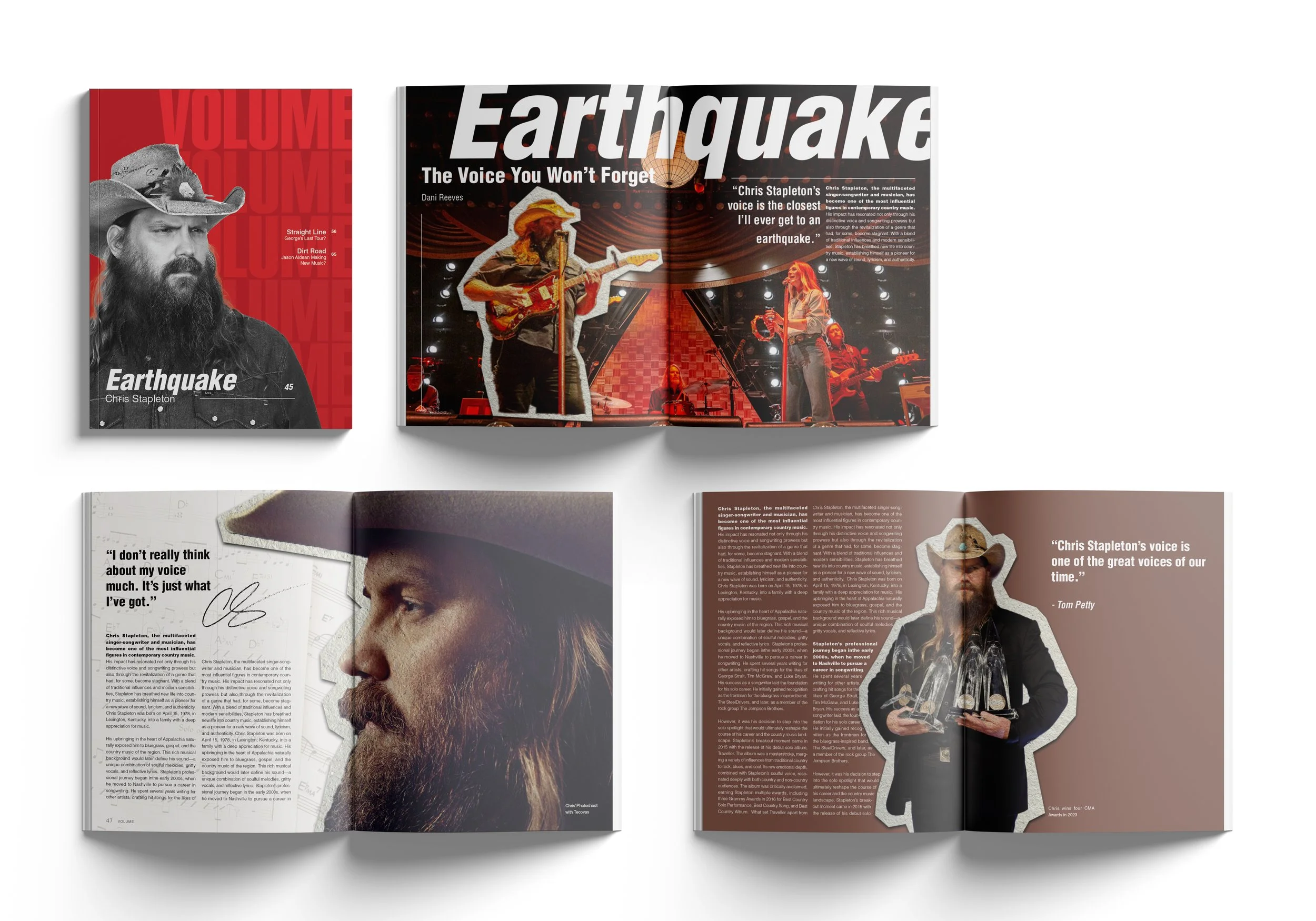 A photo of an open magazine spread featuring articles about earthquakes, with images of a man with a beard and cowboy hat and a man holding an award.