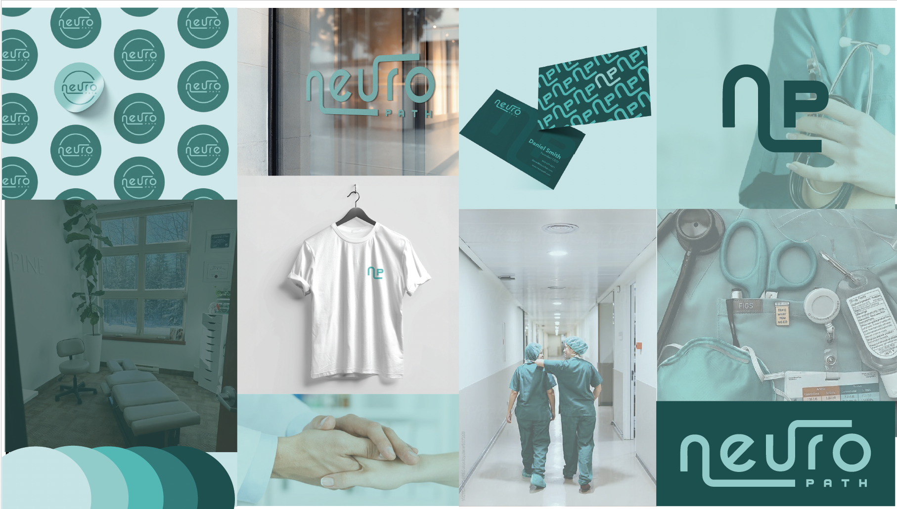 Collage of images featuring medical and healthcare themes, including a logo reading 'neuro PATH,' a medical clinic interior, healthcare professionals in scrubs, medical tools and supplies, business cards, a white T-shirt with logo, and close-ups of medical equipment, all in shades of teal and white.
