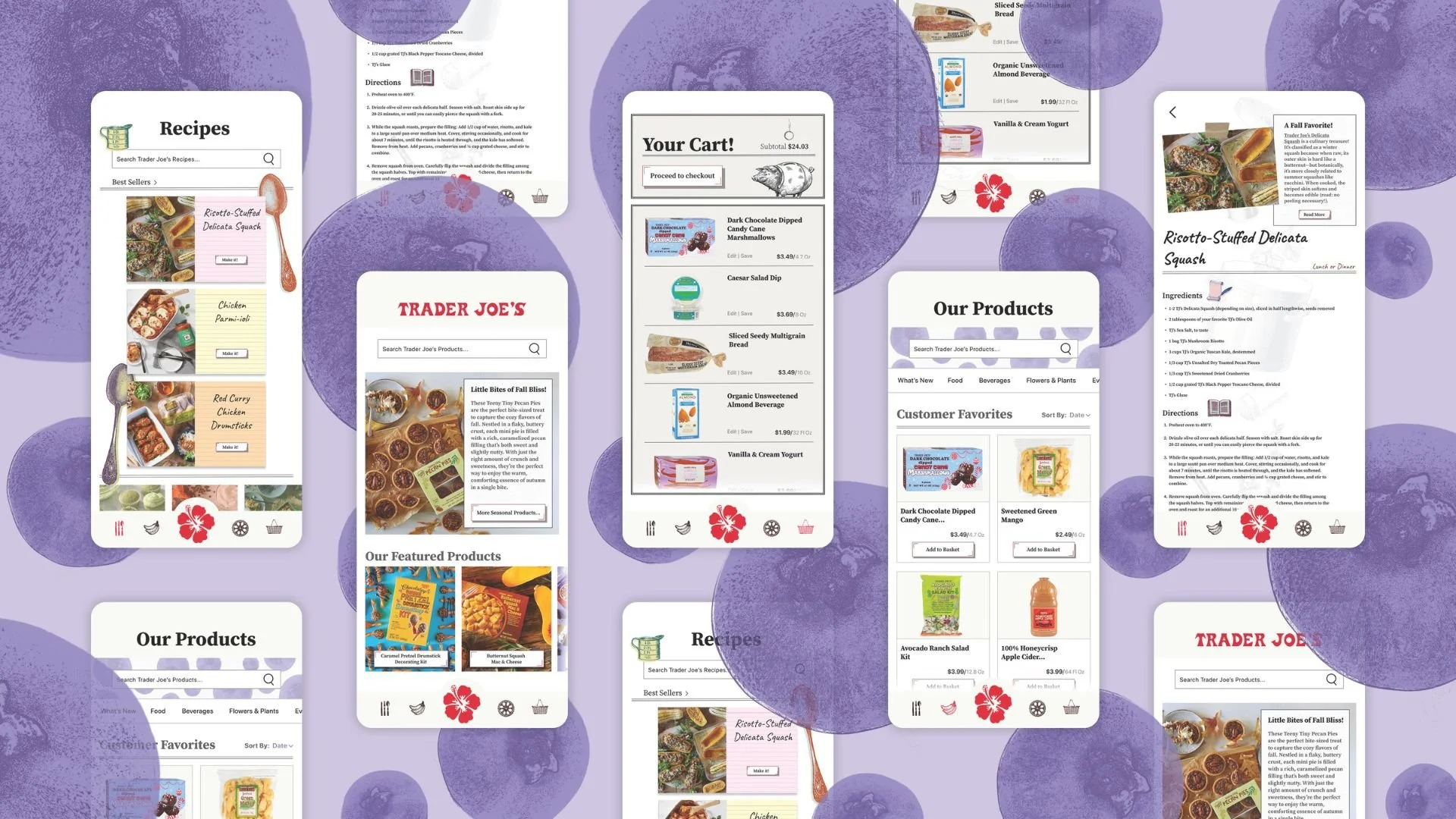 Multiple screenshots of Trader Joe's mobile app showing recipes, shopping cart, products, and food items listed with images and descriptions, set against a purple background with circular patterns.