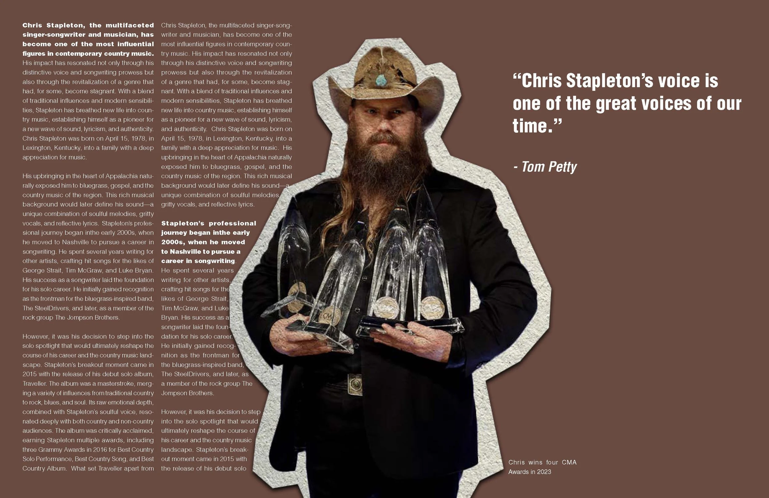 Man with long hair and a beard, wearing a cowboy hat, a dark jacket, holding four awards in front of a brown background with a white border. Next to him is a quote from Tom Petty praising Chris Stapleton's voice, and a caption at the bottom mentioning Chris winning four CMA Awards in 2023.