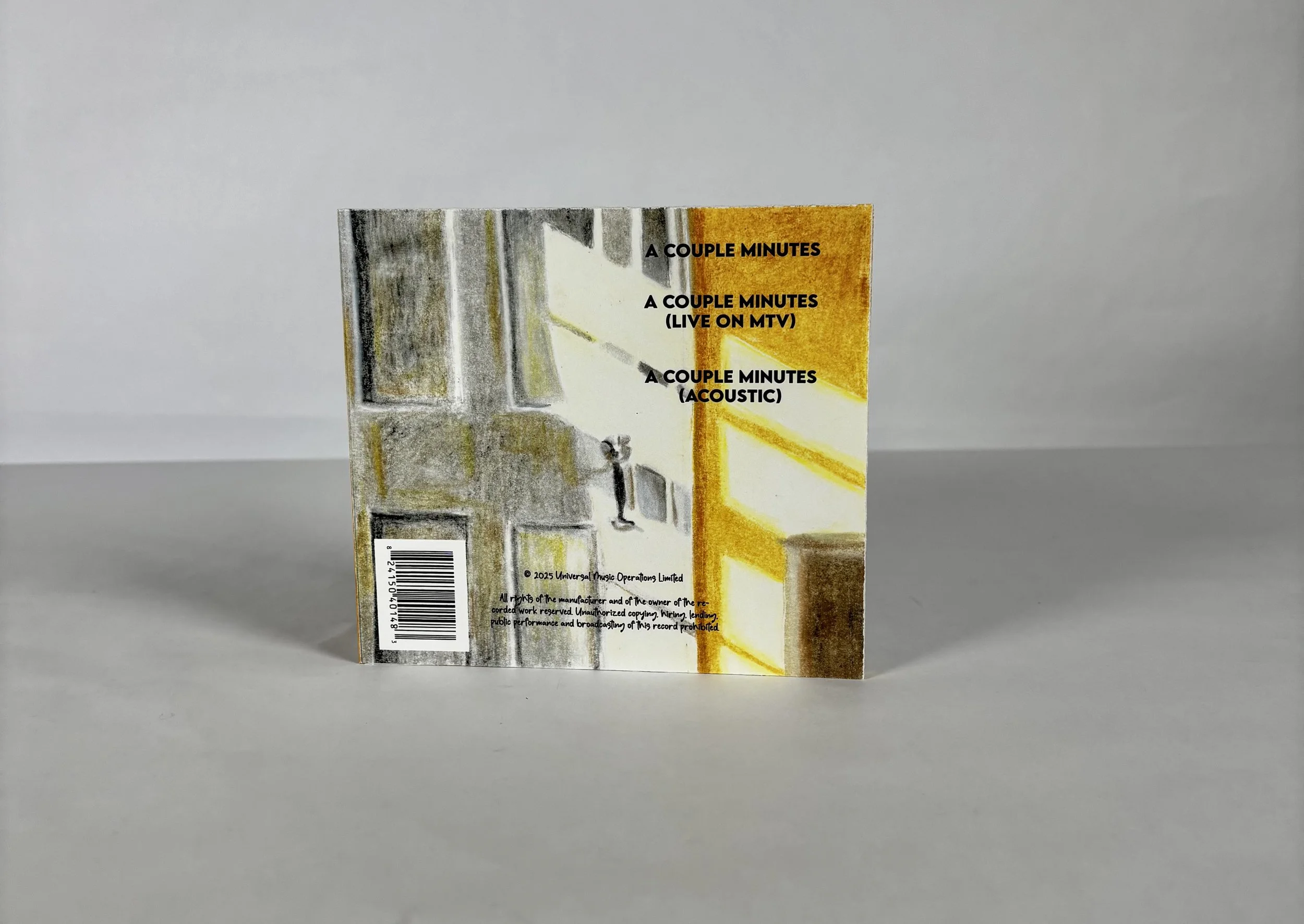 Back cover of a music album titled "A Couple Minutes," with track information and a barcode. The background has an abstract, painted scene with windows and sunlight.