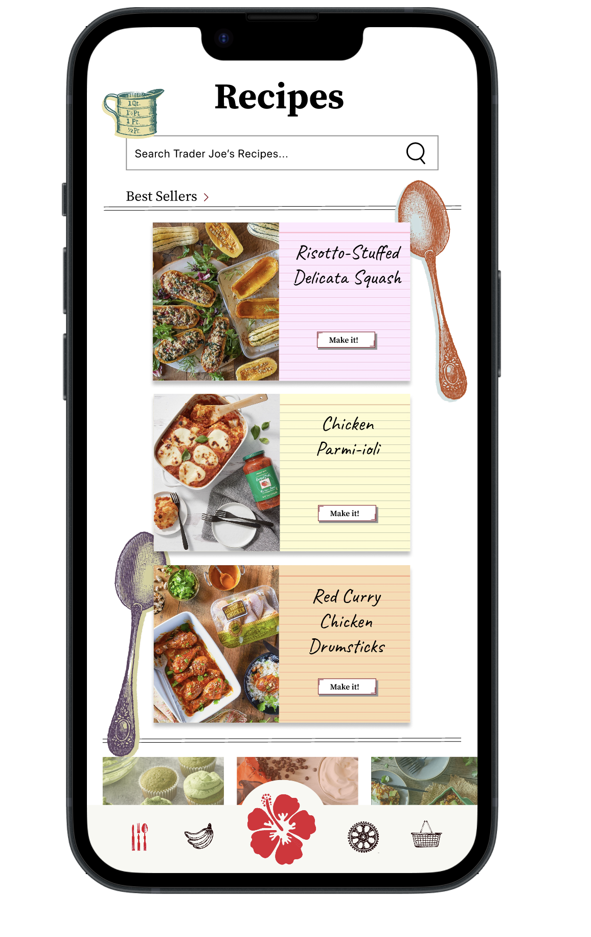 Mobile phone displaying a digital recipe app with three recipes: Risotto-Stuffed Delicata Squash, Chicken Parm-ioli, and Red Curry Chicken Drumsticks, each with a photo, handwritten-style note, and 'Make it!' button.