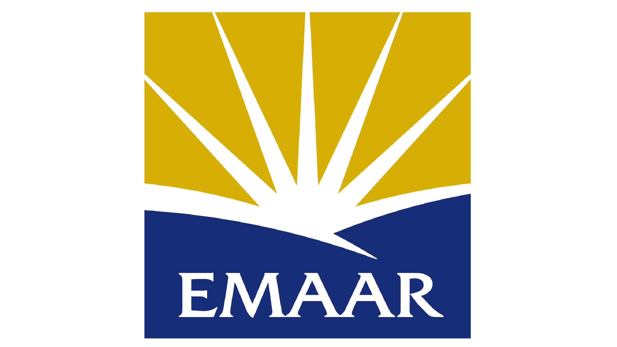 The logo of Emaar, Dubai, features a stylized design with a white abstract shape resembling a rising sun or an open book, set against a gold upper background and a blue lower background, with the word 'EMAAR' in white capital letters at the bottom.