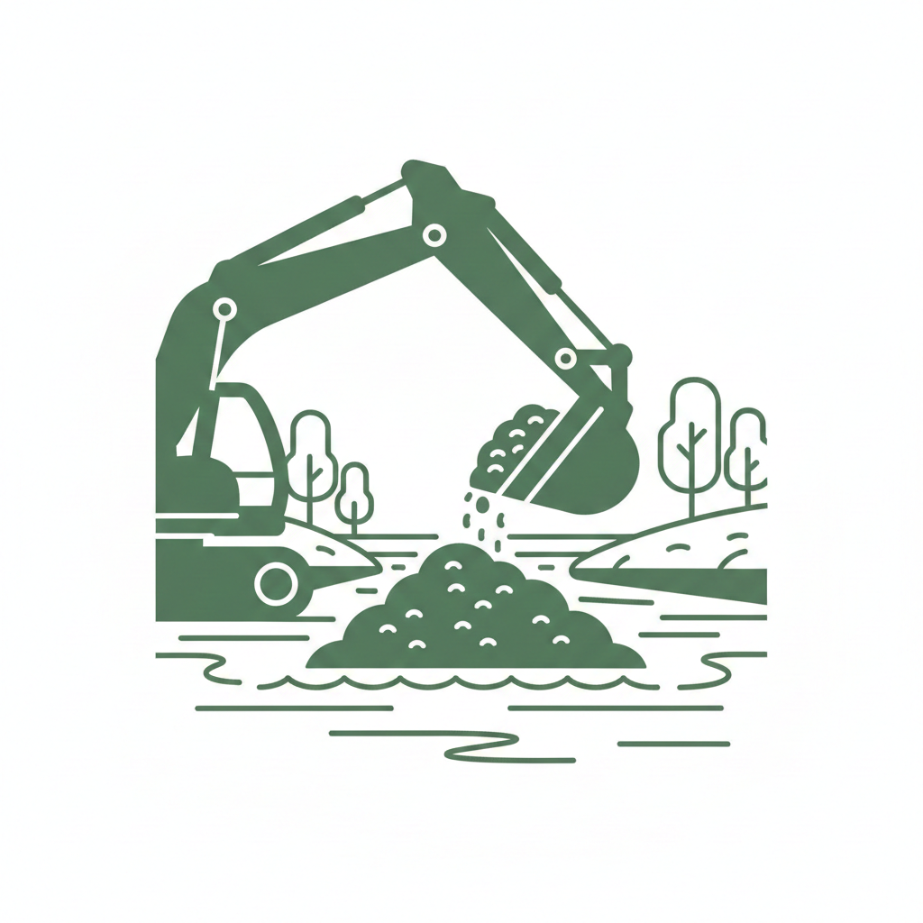 Line drawing of an excavator dumping soil into a river with trees around.