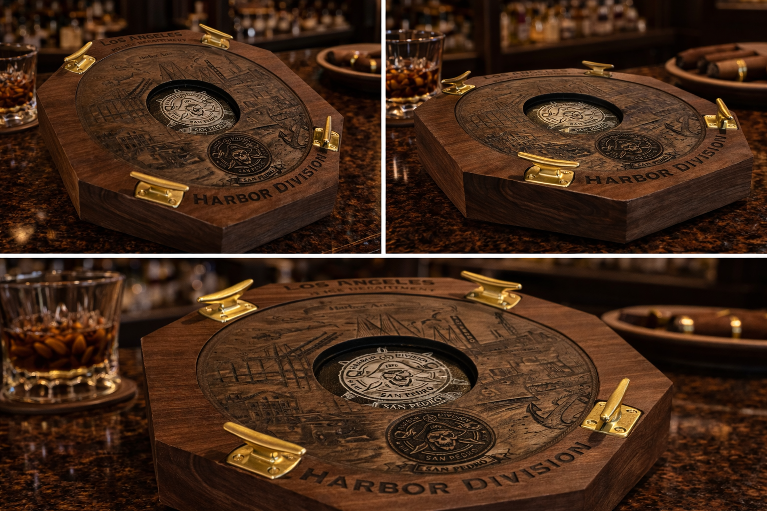 Harbor Division walnut Sentinel commission with engraved waterfront artwork and brass cigar rests.