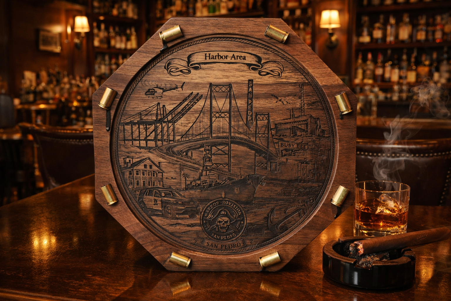 Wooden plaque with an engraved Los Angeles landmark scene, including a bridge, a boat, and buildings, labeled 'Harbor Area' and 'San Pedro' with a skull emblem. In front, there is a glass of whiskey with ice and a lit cigar on an ashtray, in a dimly lit bar.