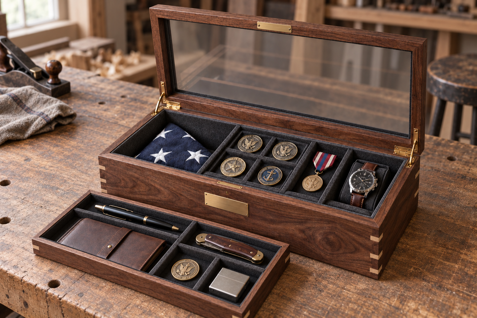Concept rendering of a custom walnut collector display case with glass lid, fitted interior and removable valet tray.
