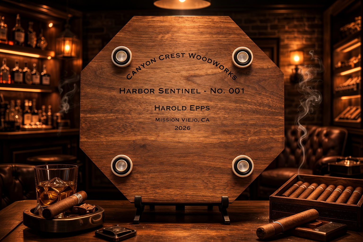 A wooden plaque with black writing, set on a stand, reading 'Canyon Crest Woodworks, Harbor Sentinel - No. 001, Harold Epps, Mission Viejo, CA 2026'; the plaque features four small speakers at each corner. In the foreground, there is a glass of whiskey, a cigar, and an ashtray with more cigars on a table. The background shows a cigar lounge with warm lighting, shelves of bottles, and a leather chair.