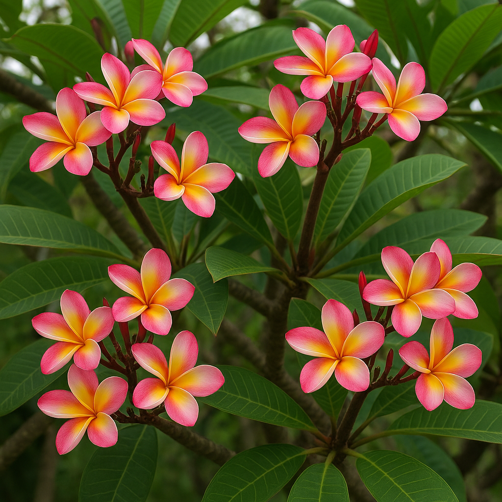 Pink and yellow tropical flowers with green leaves.