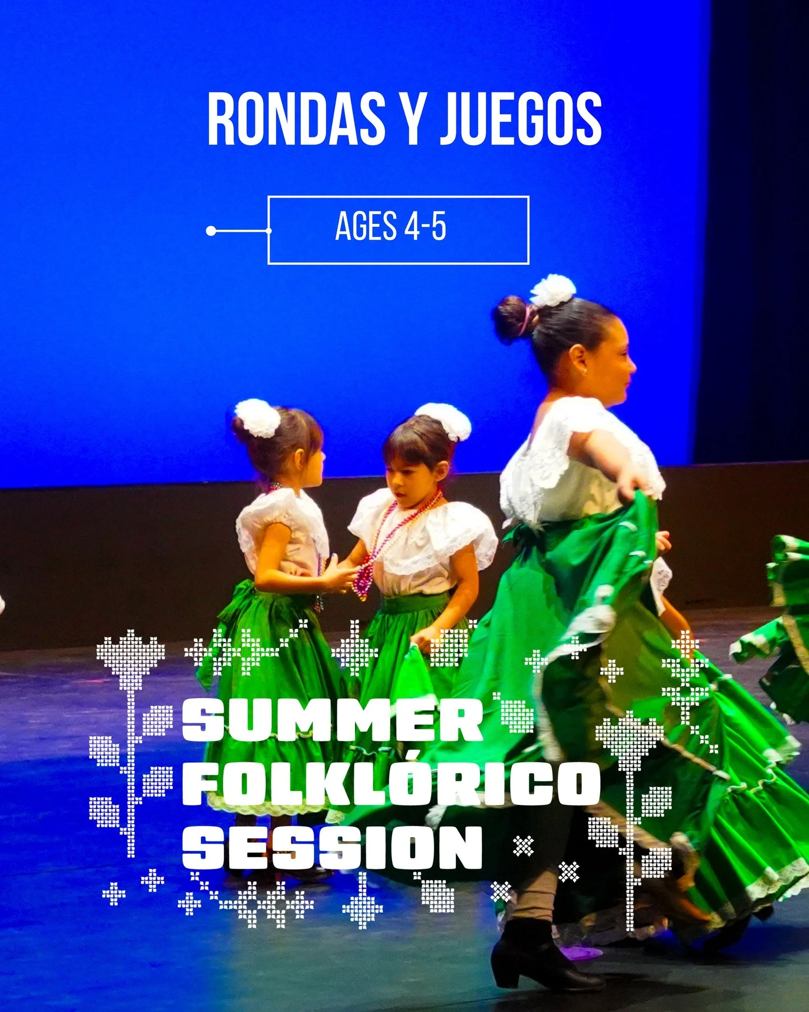 🎶 Rondas y Juegos 🎶
Ages 4&ndash;5 | $120
📍 Plaza Dance Studio

Students are introduced to Mexican folk music and basic folkl&oacute;rico dance through movement, rhythm, balance, and other foundational dance skills in a fun and engaging environmen