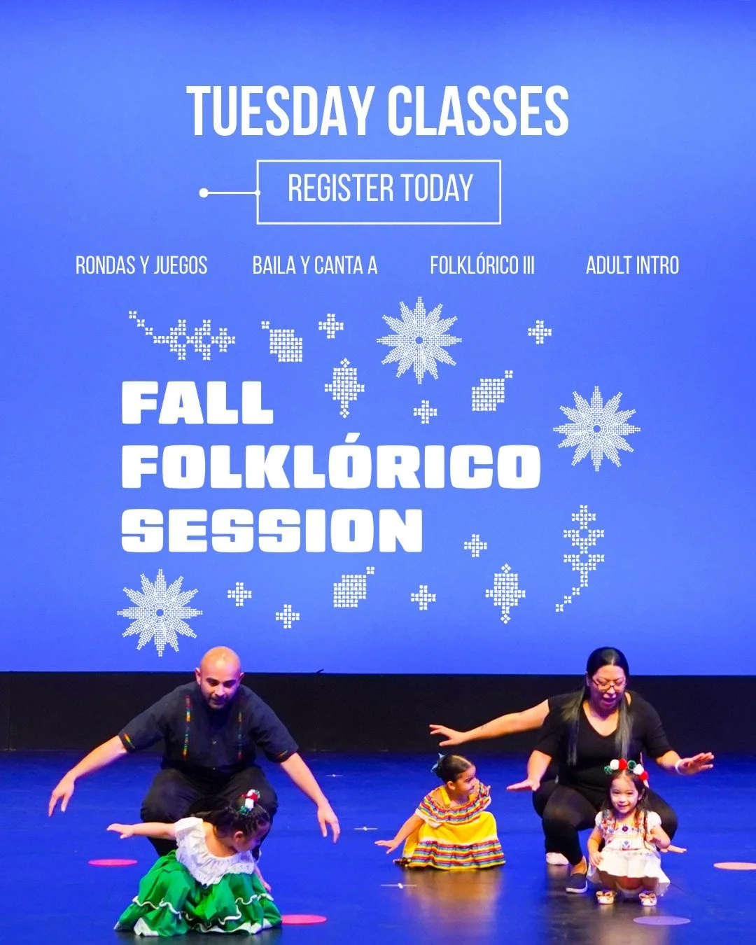 ✨ TUESDAY CLASSES ✨

Join us every Tuesday for classes celebrating movement, music, and the traditions of M&eacute;xico! 🇲🇽💃

&rarr; Baila y Canta | Ages 0&ndash;4 | 5:15 p.m. | 45 min | $130
&rarr; Rondas y Juegos | Ages 4&ndash;5 | 6:15 p.m. | 4