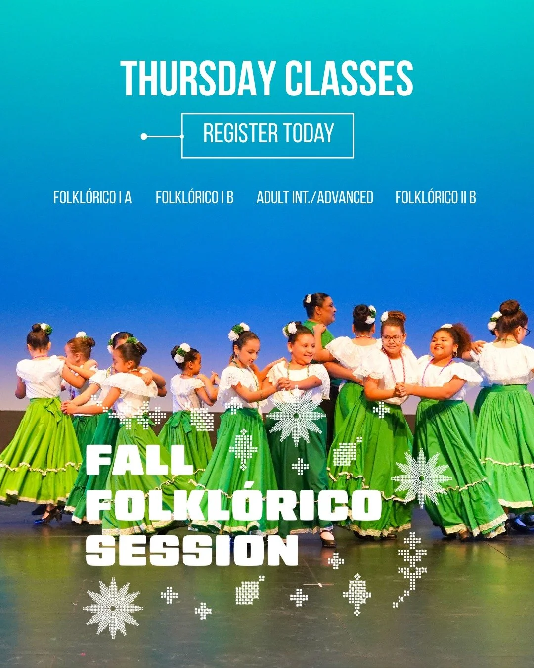 ✨ THURSDAY CLASSES ✨

Join us every Thursday for classes celebrating movement, music, and the traditions of M&eacute;xico! 🇲🇽💃
 
&rarr; Children's Folkl&oacute;rico I A | Ages 6-7 | 5:45 p.m. | 45 min | $130
&rarr;Children's Folkl&oacute;rico I B 