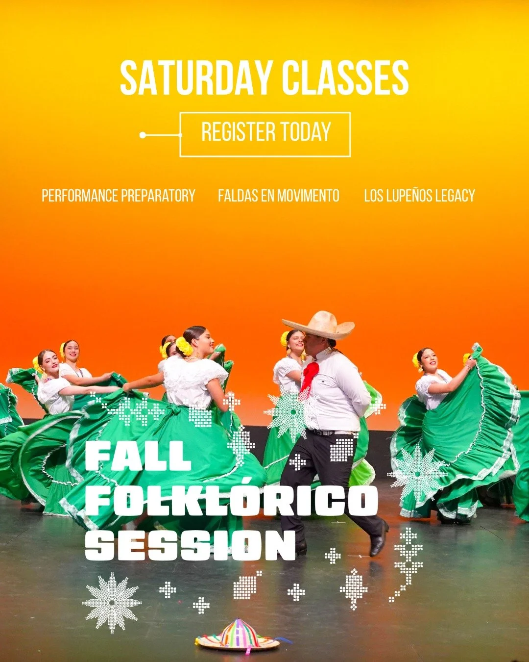 ✨ SATURDAY CLASSES ✨

Join us every Saturday for classes celebrating movement, music, and the traditions of M&eacute;xico! 🇲🇽💃
 
&rarr; Performance Prep | Ages 14+ | 9:00 a.m. | 75 min | $165
&rarr; Faldas en Movimento | Ages 14+ | 10:20 a.m. | 60