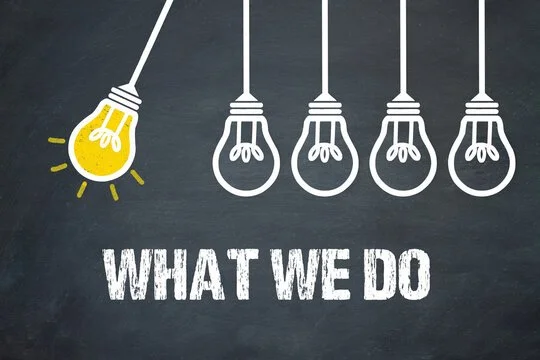 Illustration of a string of light bulbs hanging, with one illuminated bulb and the words 'WHAT WE DO' written below.