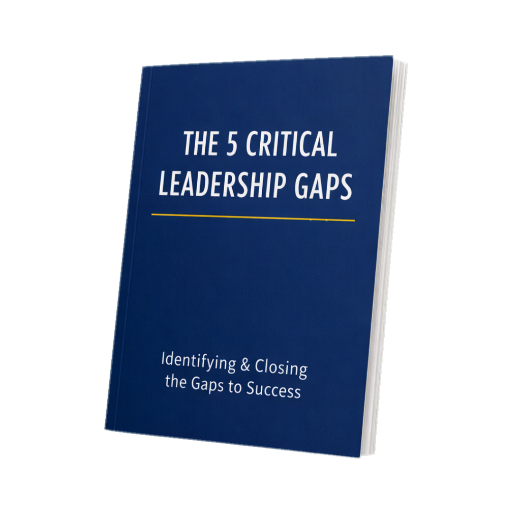 Cover of a book titled "The 5 Critical Leadership Gaps: Identifying & Closing the Gaps to Success" with a dark blue background and white text.