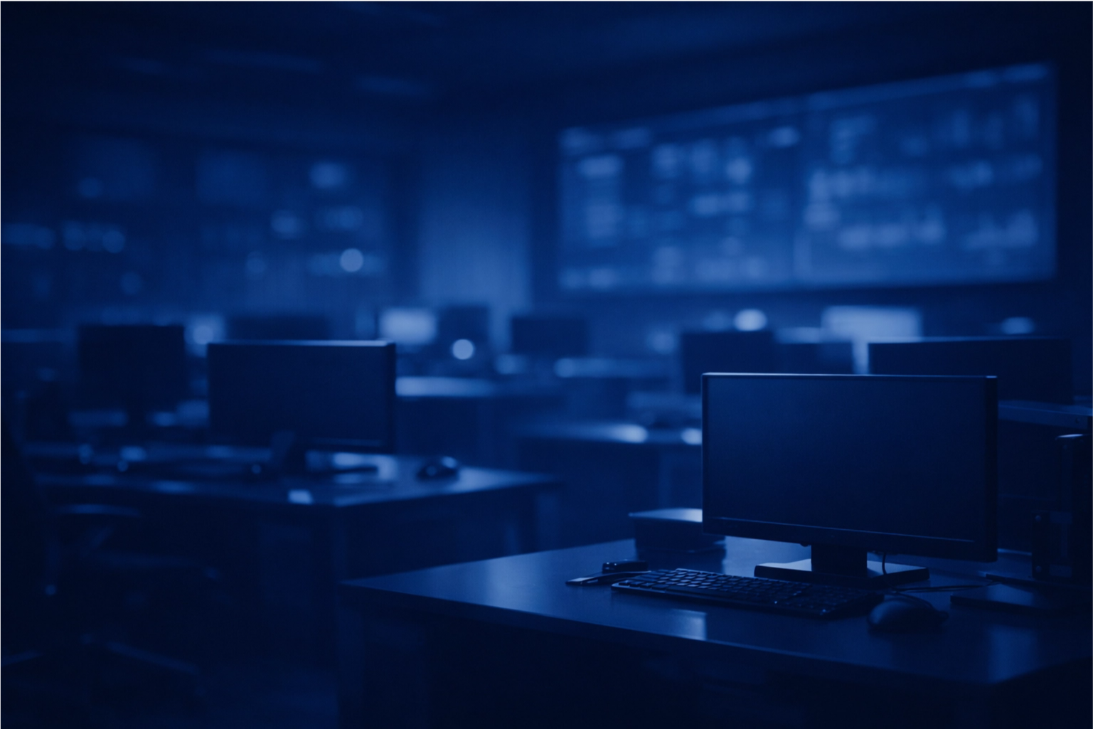 Dark computer lab with multiple monitors and workstations, dimly lit with blue lighting.