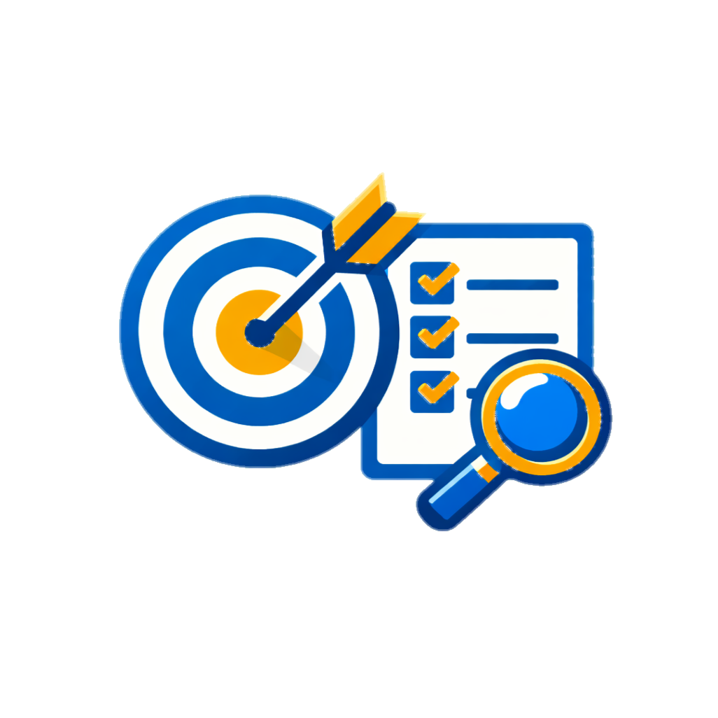 A target with an arrow hitting the bullseye, a checklist with three checkmarks, and a magnifying glass, symbolizing goal setting, tracking, and analysis.