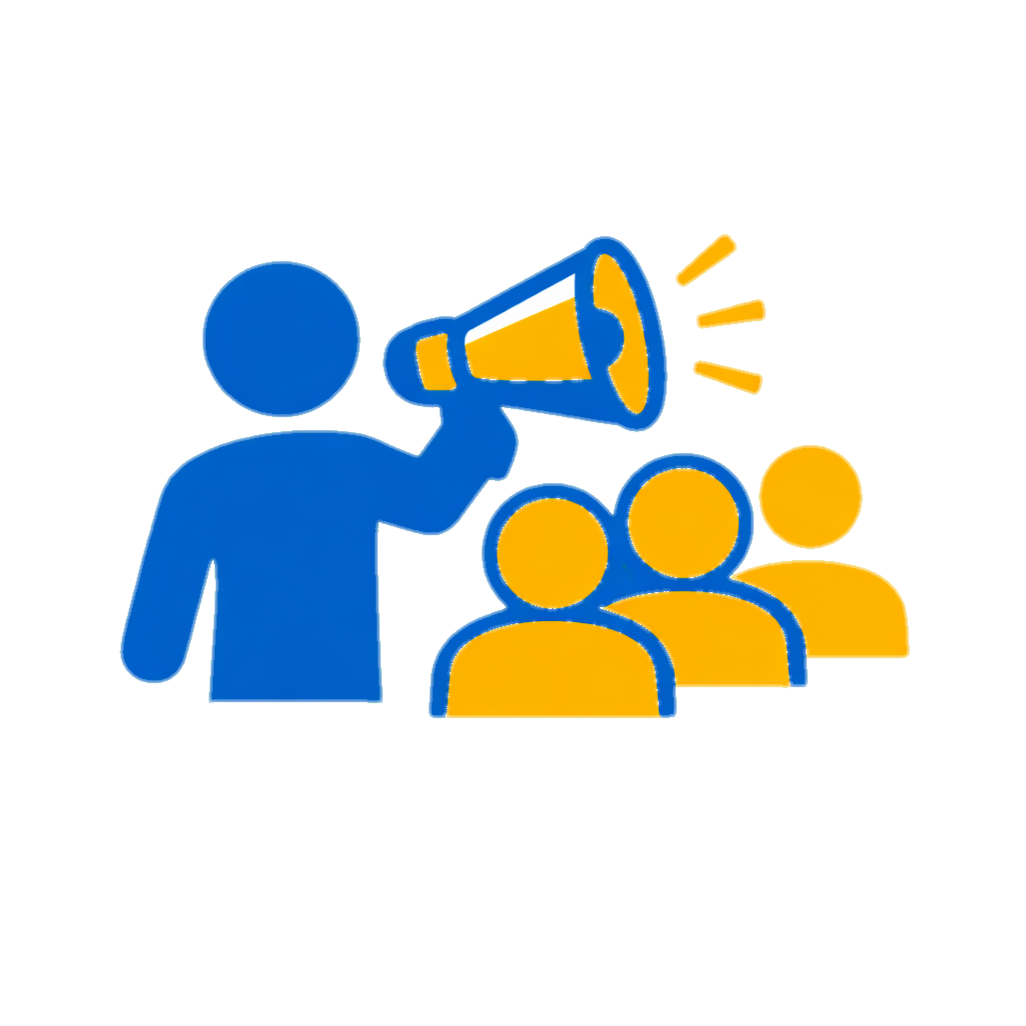 Icon of a person with a megaphone addressing three other people in yellow, symbolizing communication or announcement.
