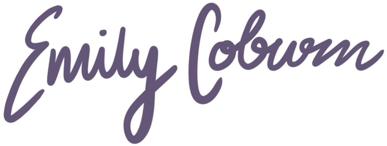 Signature-style text that reads 'Emily Coburn' in purple color.