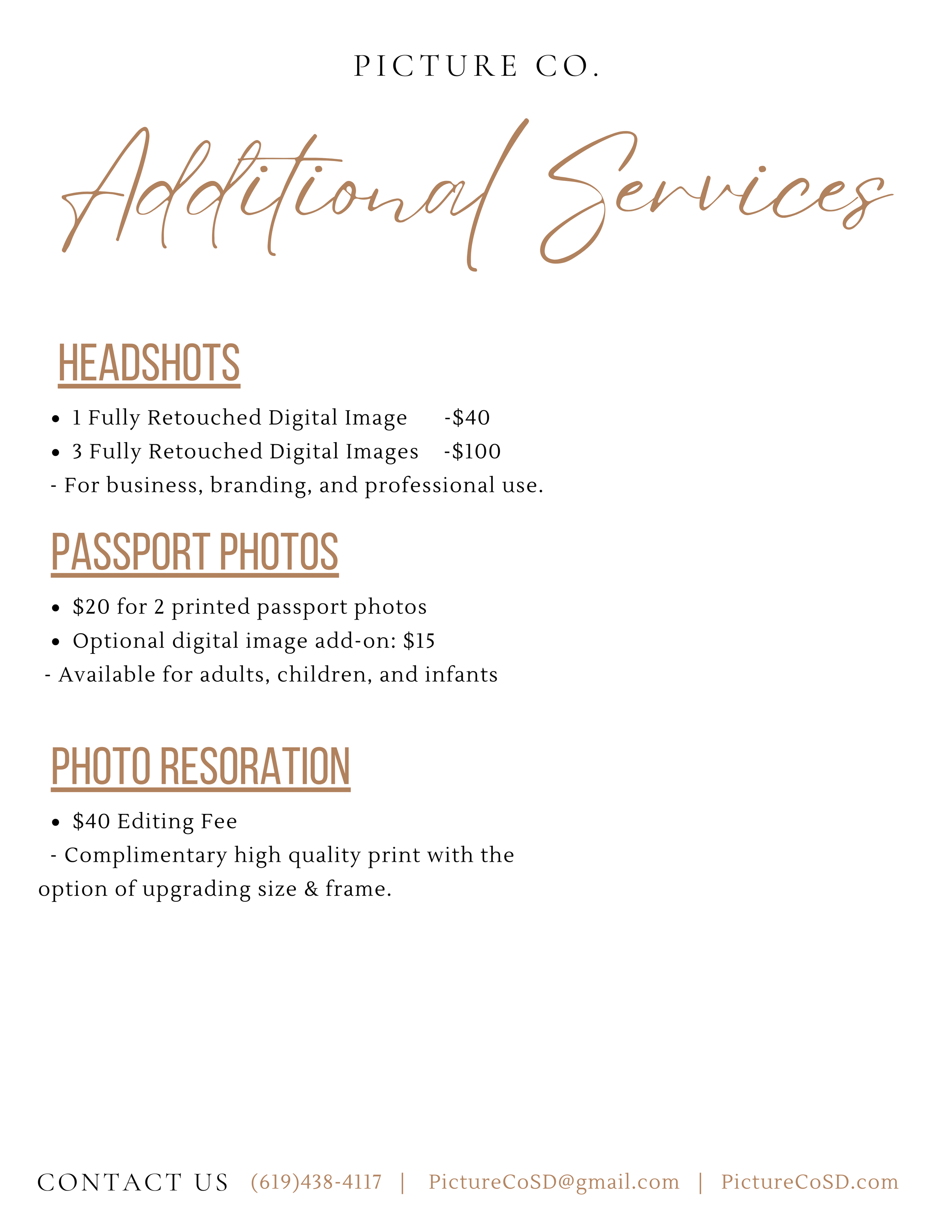 Service menu listing prices for headshots, passport photos, and photo restoration from Picture Co.