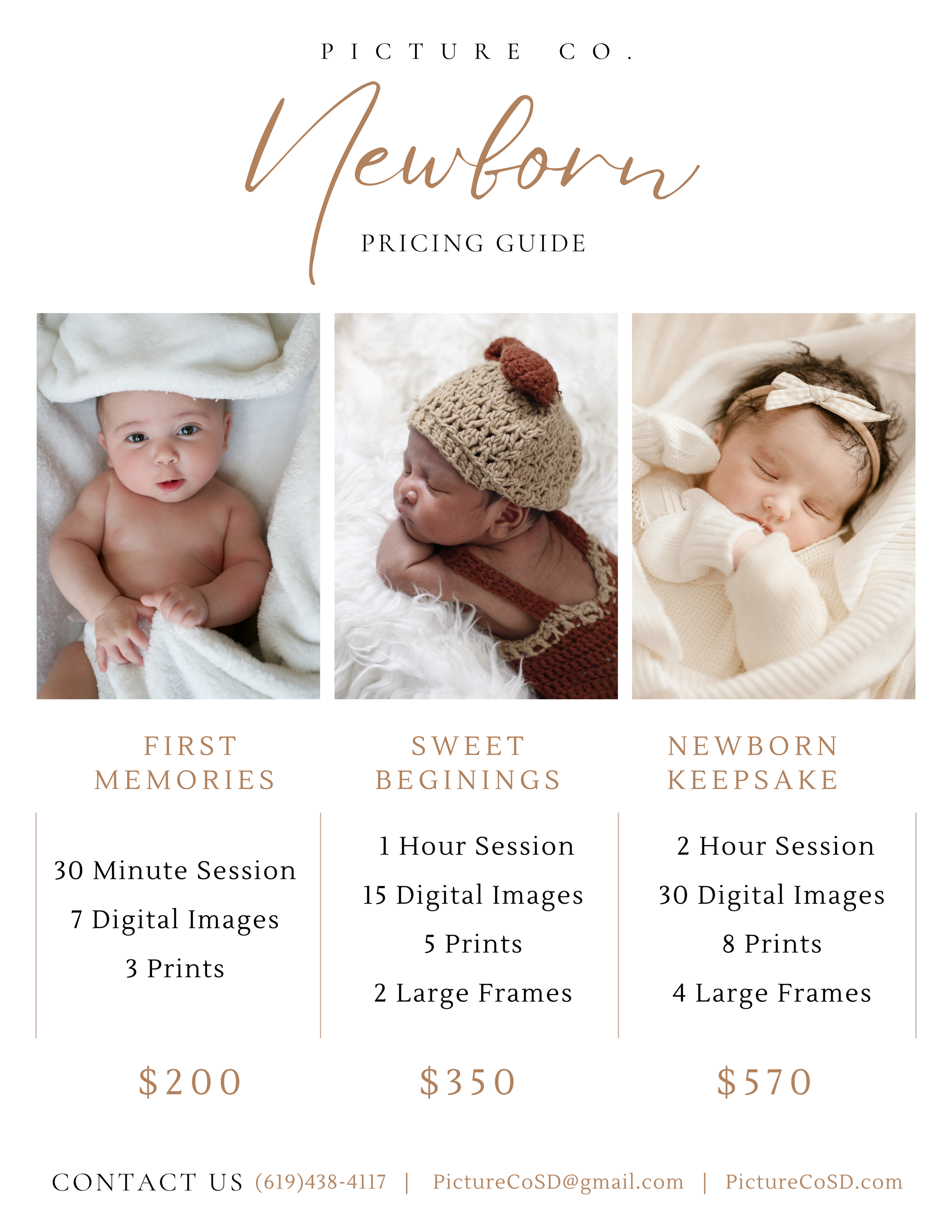 Pricing guide for newborn photography sessions with session details and prices listed.