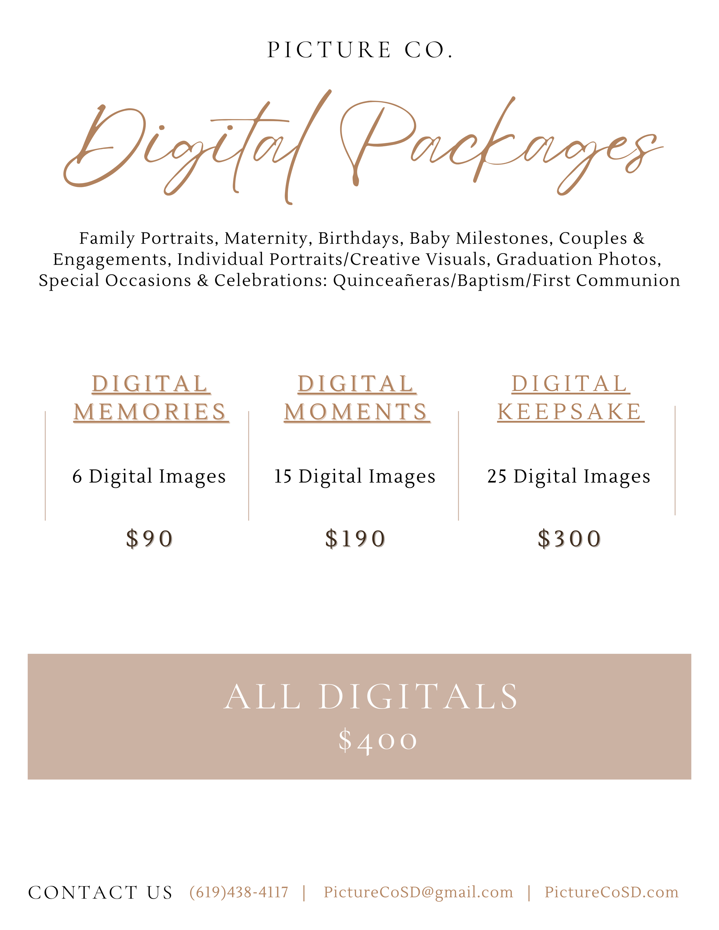 Pricing list for digital photo packages from Picture Co., including options for digital memories, digital moments, digital keepsake, and all digitals, with contact information at the bottom.
