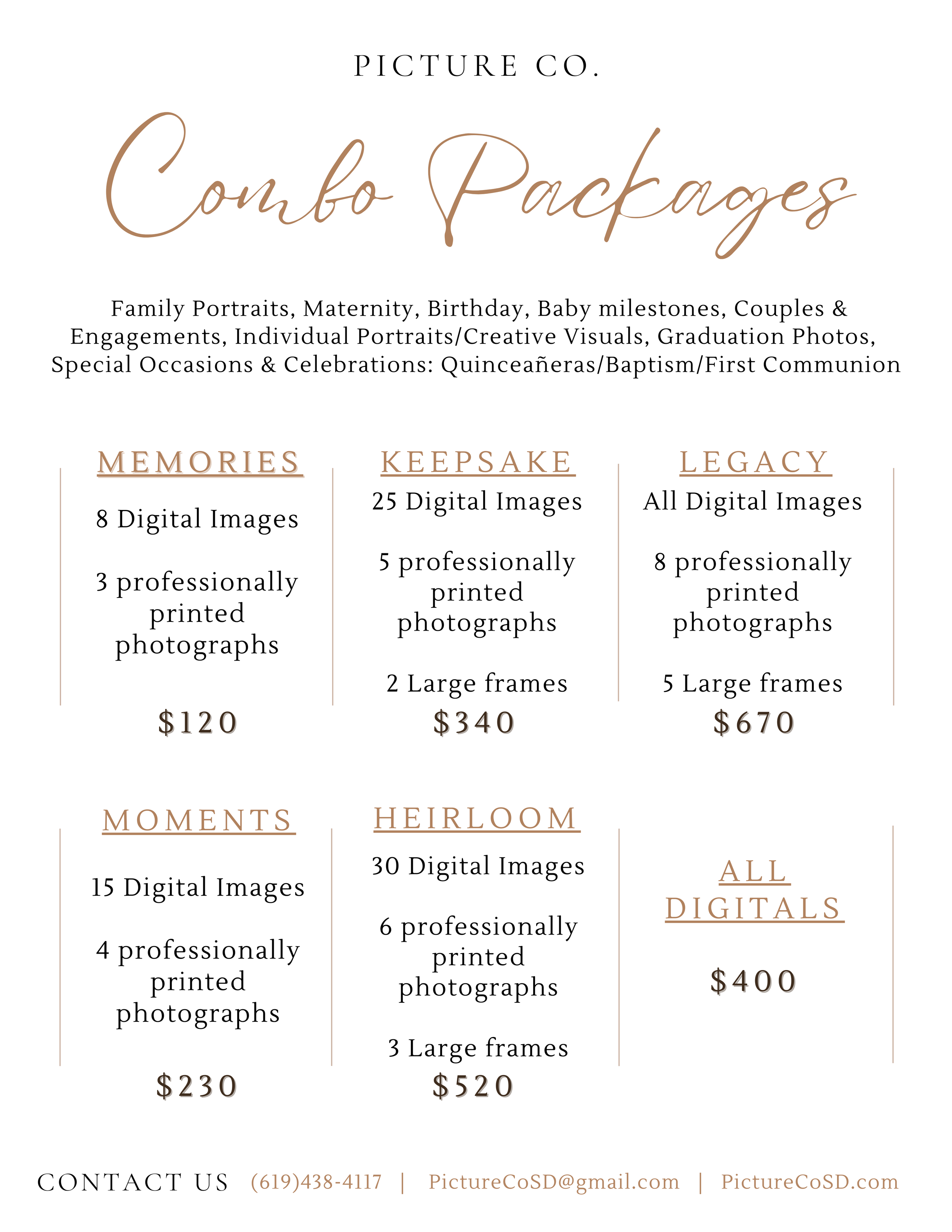 Pricing sheet for photography packages from Picture Co., including Memories, Keepsake, Legacy, Moments, Heirloom, and All Digitals, with prices and descriptions.