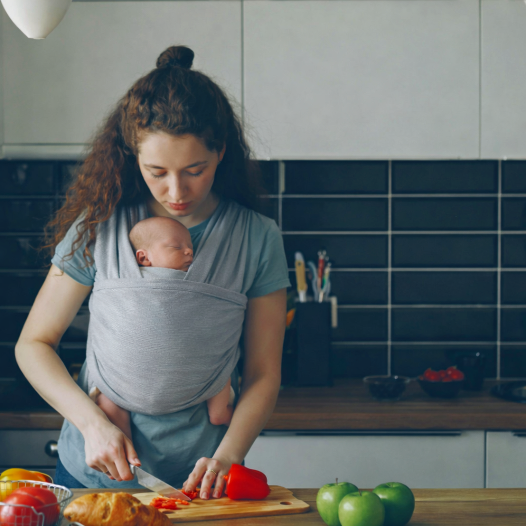 mother preparing food with newborn baby postpartum eating and living well Alpharetta GA