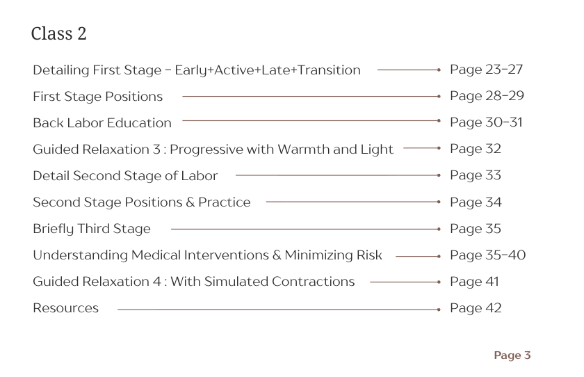 Typed print of the childbirth class near Milton class 2 outline content.