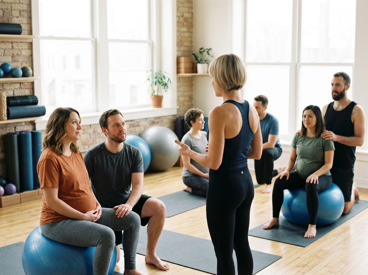 Group class of several expectant couples with a female instructor