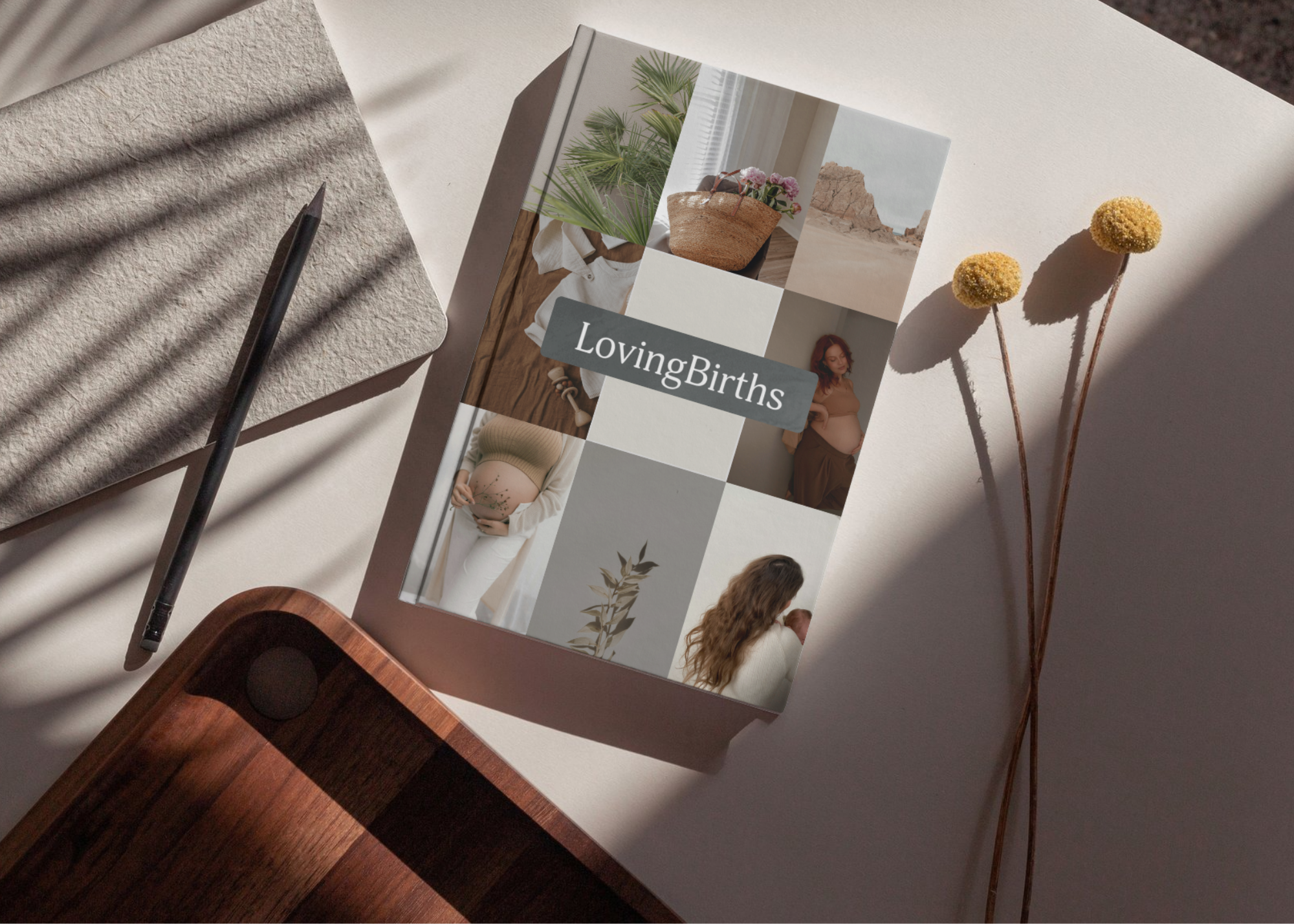 Front cover of the Lovingbirths childbirth workbook. Natural minimalist look creating calm feelings.