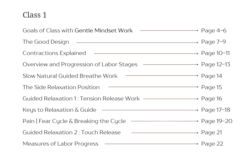 Typed print of the childbirth class near Milton class 1 outline content.