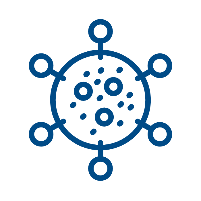 Illustration of a virus particle with a circular core and protruding spike proteins.
