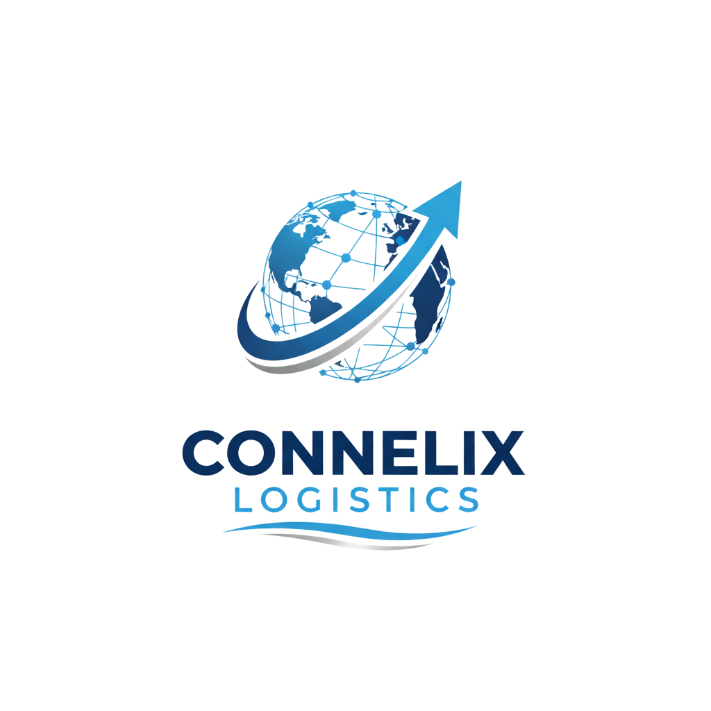 Logotipo de Connelix Logistics con un globo terráqueo y una flecha ascendente en tonos azules y negro.