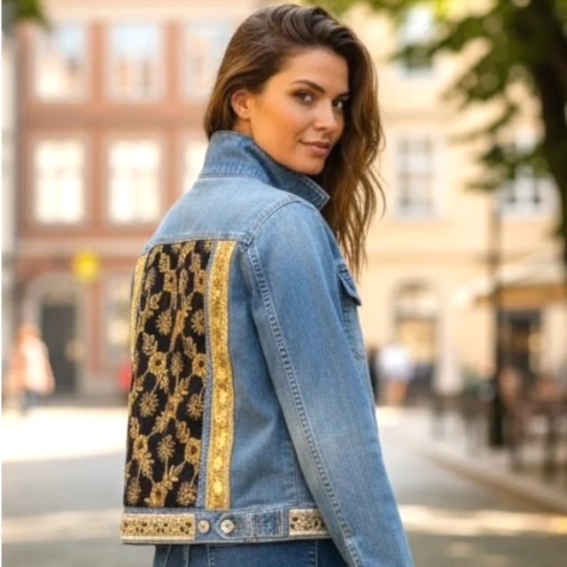 Young woman with long wavy hair wearing a denim jacket with a floral-patterned back design, standing outdoors in an urban setting.
