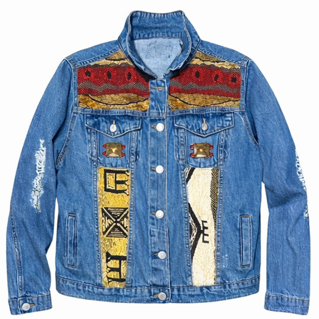 Blue denim jacket with colorful embroidered patches and designs, featuring chest pockets, button closures, and distressed details on the sleeves.