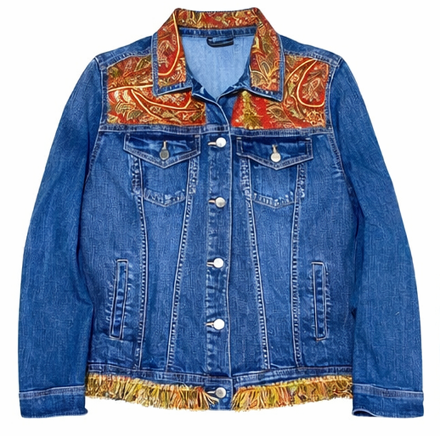 Blue denim jacket with embroidered orange and gold floral patterns on shoulders, collar, and hem.