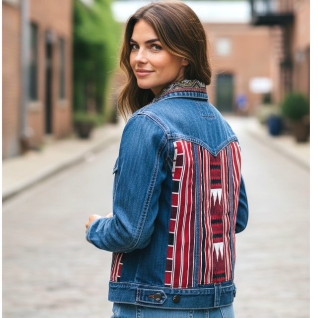 Young woman with brown hair wearing a denim jacket with a colorful, patterned back design standing on a city street