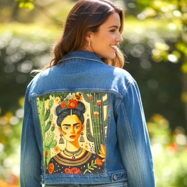 Woman outdoors wearing a denim jacket with a colorful Frida Kahlo portrait on the back, featuring floral and cactus motifs.