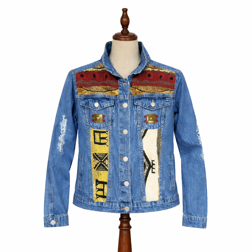 Blue denim jacket with embroidered and patch artwork on front and shoulders, displayed on a dress form.