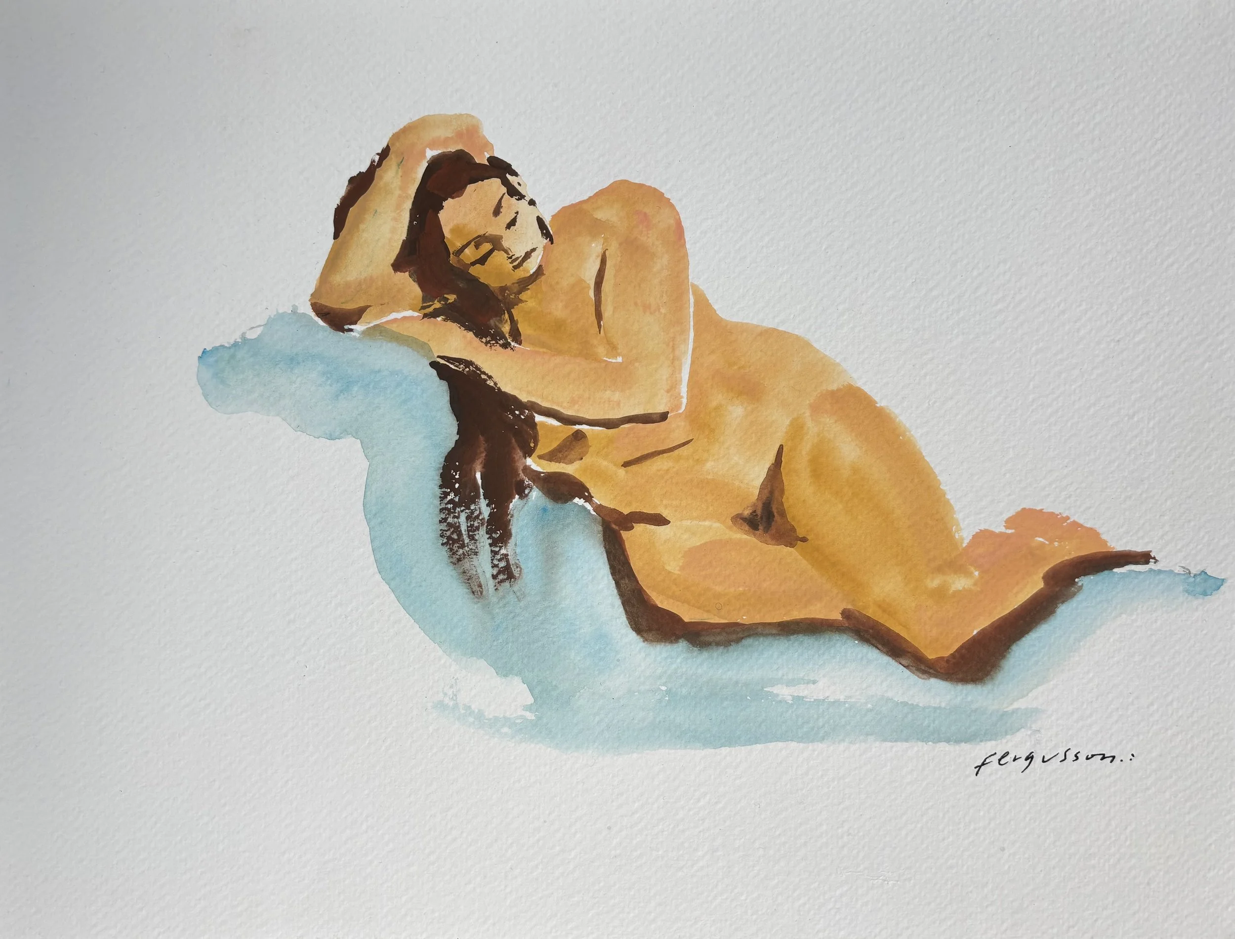 Watercolor painting of a topless woman reclining on a blue cushion, resting her head on her arm with eyes closed.